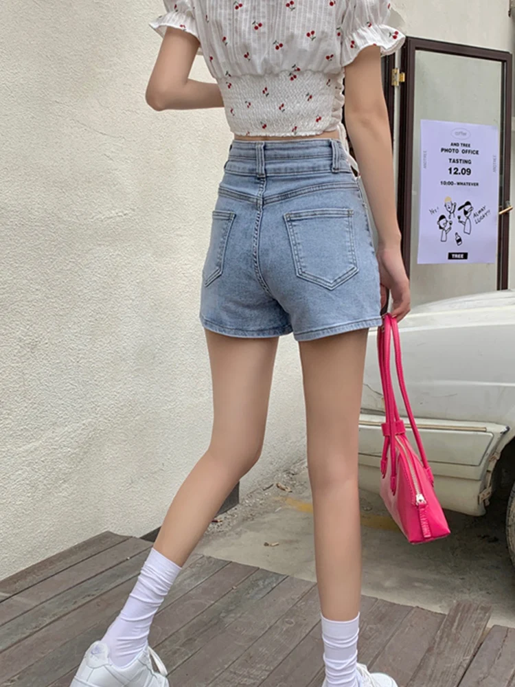 New Spring Summer Women High Waist Slim Fit Denim Shorts Streetwear Female Straight Button Jeans Shorts Bottoms