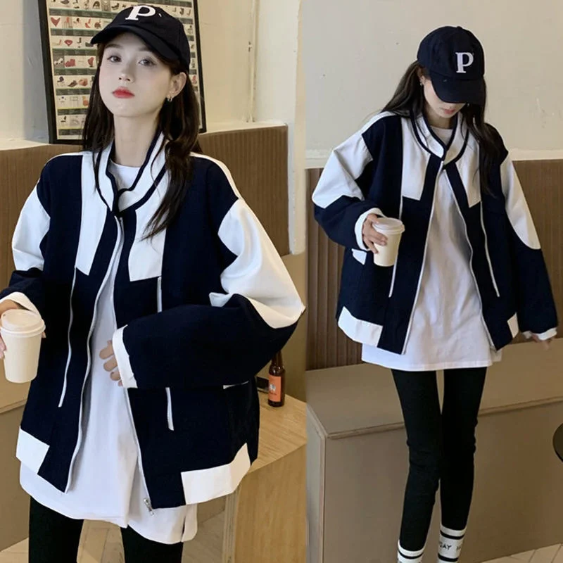 

Color Matching Stand Collar Baseball Uniform Women's Jacket Spring Autumn New Loose Casual Coat Zipper Long-sleeved Outwear Top