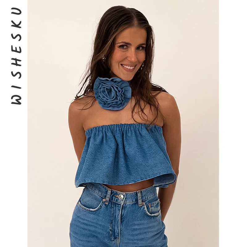 

Sexy Flower Trim Strapless Denim Crop Tops Women Vintage Sleeveless Tube Tank Top 2023 Summer Harajuku Fairy Grunge Clothes