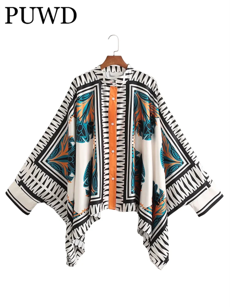 

PUWD Oversize Women O Neck Bat Sleeve Casual Blouse 2022 Spring Fashion Ladies Chinese Style Shirt Female Spot Print Shirt