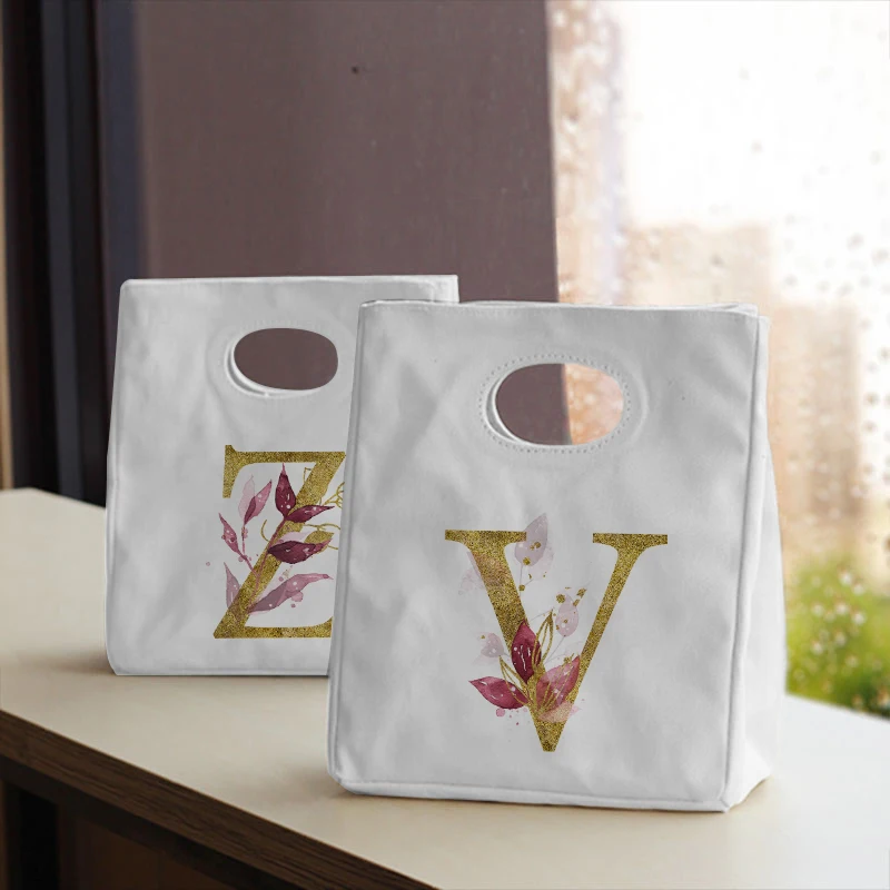 

Gold Letter Canvas Neutral Insulated Lunch Bag Tote Bag Thickened Neutral Reusable Office Picnic Portable Food Storage Bag