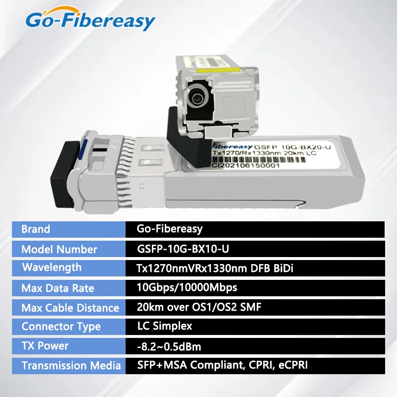 SFP 10Gb BiDi Transceiver Module Single Mode Single Fiber Optical Module WDM Tx1270/Rx1330nm 10~80km LC Compatible Cisco/Mikroti