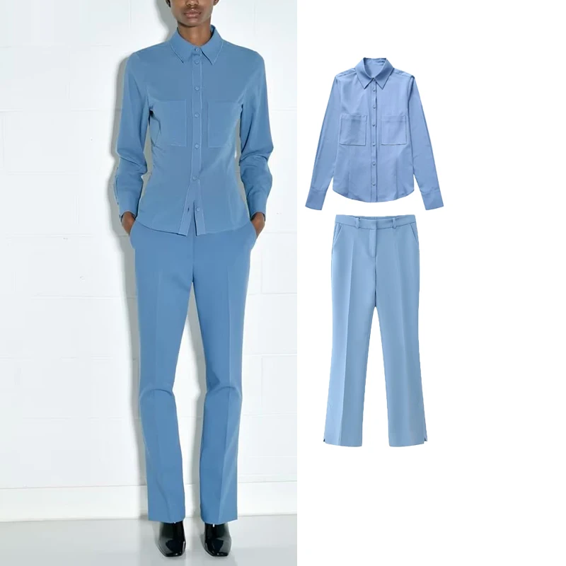 

Костюм брючный женский осенний из двух предметов, рубашка с длинным рукавом и брюки со средней талией