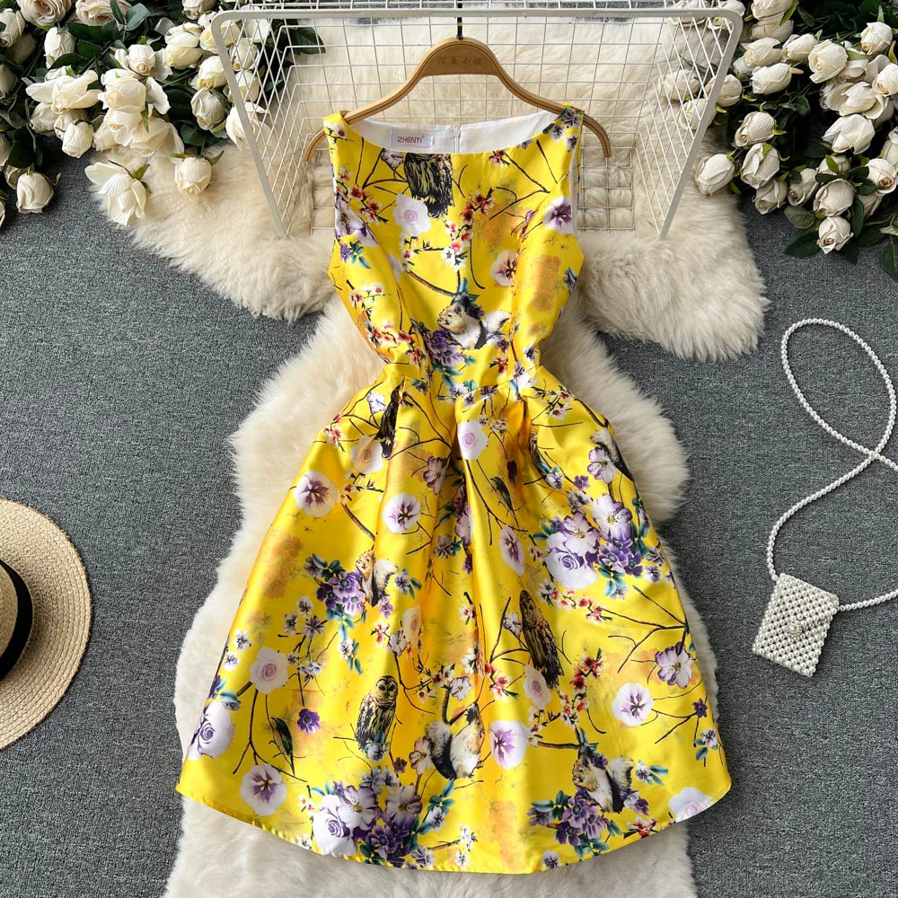 

Платье принцессы желтое с круглым вырезом и принтом, ТРАПЕЦИЕВИДНОЕ