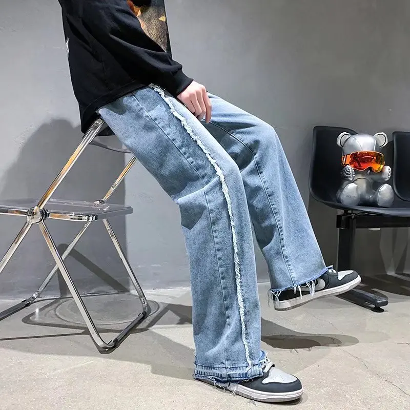 Мужские Модные Синие рваные джинсы в стиле пэчворк Корейском свободные
