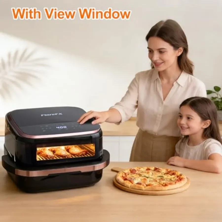 Фото Аэрофритюрница-печь для пиццы FirmHome Store 4.5QT с 11 предустановленными программами, двойным нагревом, 360-градусным воздушным потоком, антипригарным покрытием, смотровым окном и сенсорным дисплеем №4