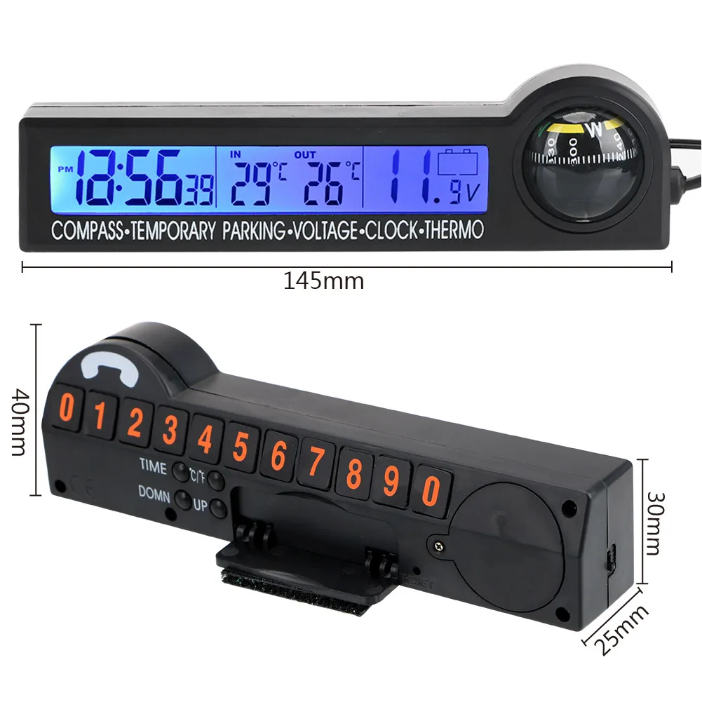 

Clock 5 In 1 Multifunction Vehicle Electronics LED Backlight Temporary Parking Card ABS Black Multifunctional Voltage Tester