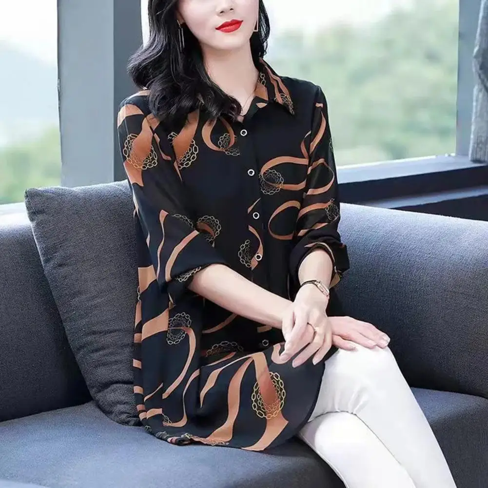 

2023 New Summer Soft Comfortable Blouse for Women Lapel Button Up Loose Casual Chiffon Shirt Printed Long Sleeve Midi Cardigan