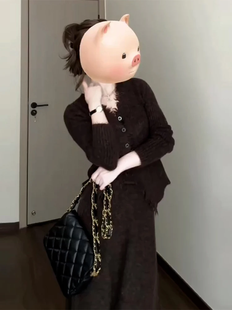 Korean Series Sense of Atmosphere Wear A Complete Set Women 2024 Autumn and Winter New Knit cardigan Half-Length Sheath Long ...