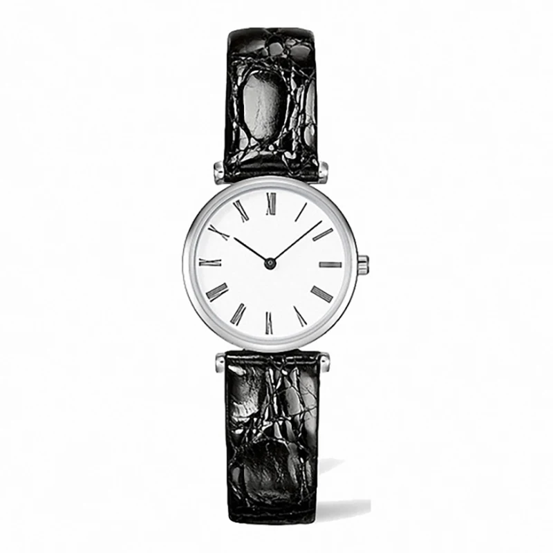 

Womens Watch Quartz Movement White Dial Black Leather Strap Stainless Steel Lady Female Wristwatches