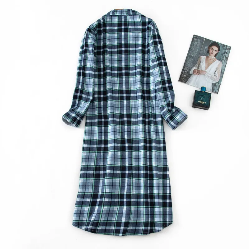 Autumn Women's Cotton Flannel Nightgown Long Flannel Plaid Nightshirt Button Down Long Sleeve Sleepwear Sleepshirts with Pockets