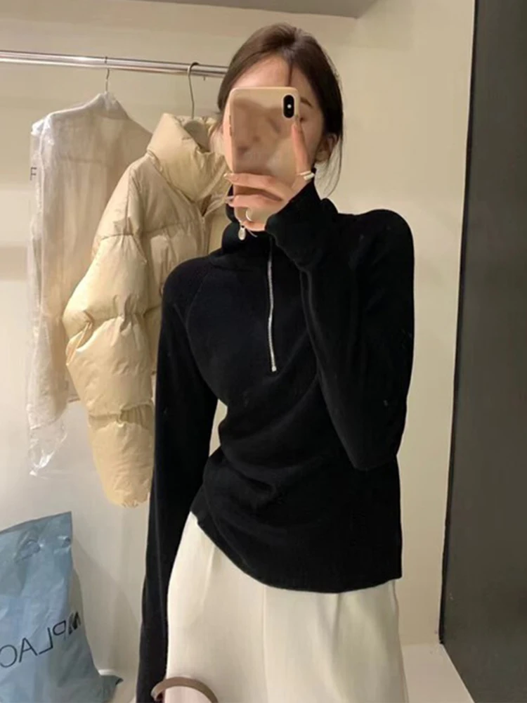 Gray Half Zipper Turtleneck Knitted Bottoming Shirt Women Winter Inner wear Design Sense Slim fit Sweater Long sleeve Fleece Top
