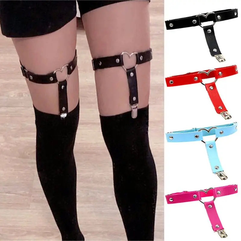 

Women Gothic Punk Heart Ring Leg Garter Belt with Anti-Slip Metal Clip Elastic Adjsutable Harness Harajuku Thigh Ring Bondage