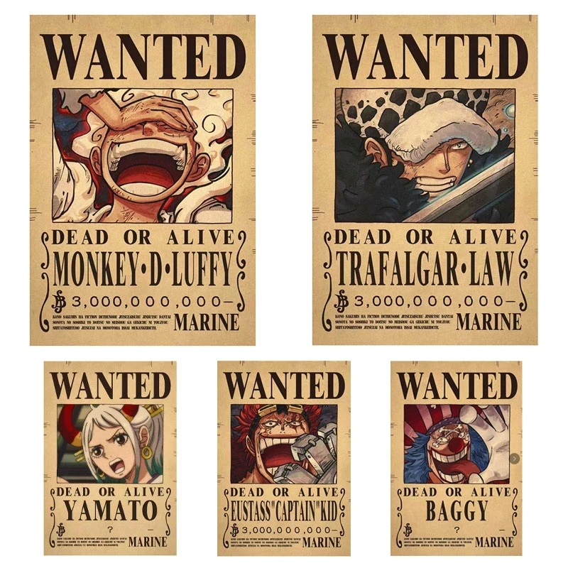

Anime One Piece Nika Luffy 3 Billion Bounty Wanted Posters Four Emperors Kid Action Figures Vintage Wall Decoration Poster Toys