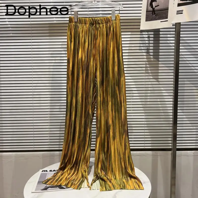 

2022 Spring Summer New Bronzing Tie-Dyed Elastic Waist Pleated Wide-Leg Pants Women Loose Oversized Ruched Trousers Casual Pants