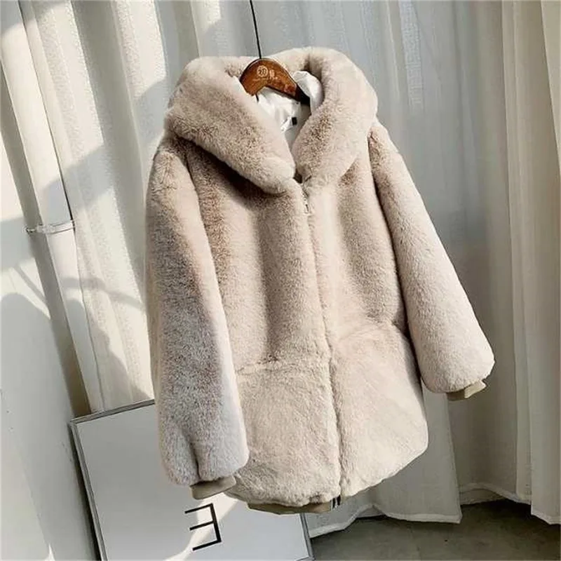 2022 New Winter Imitation Mink Loose Sweater Women Thick Fur Coat Mid-length Hooded Waterproof Mink Coat