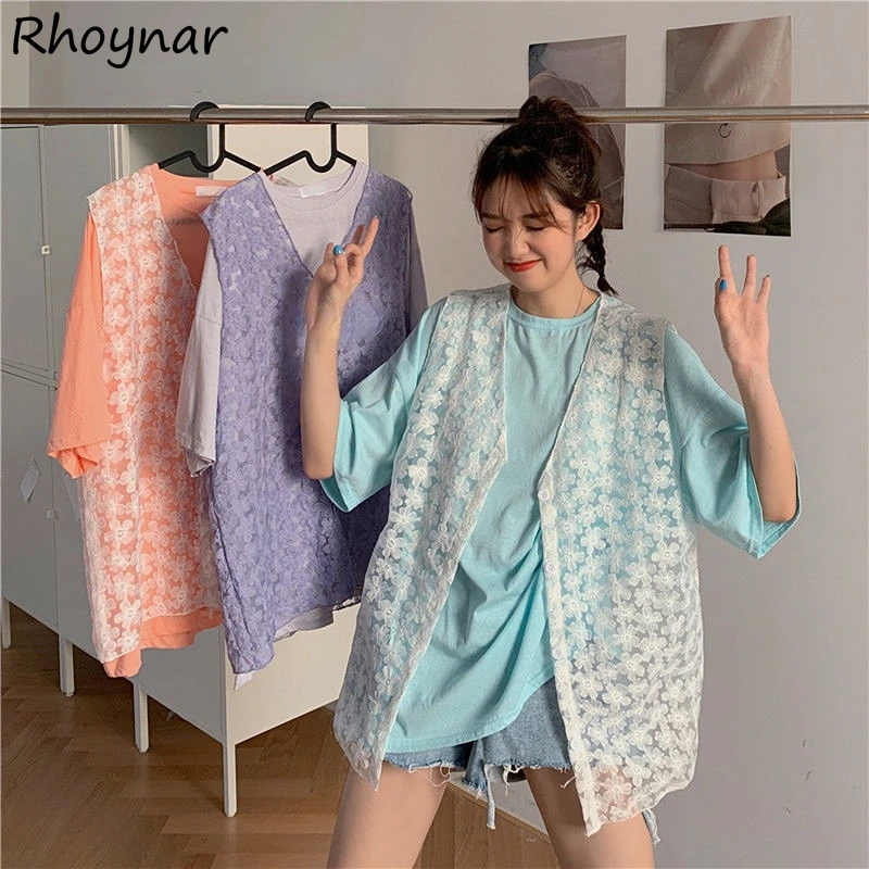

Women Sets Solid T-shirts Lace Vests Basic All-match Design Harajuku Retro Gentle Chic Casual Ulzzang Kawaii Cool Streetwear Ins