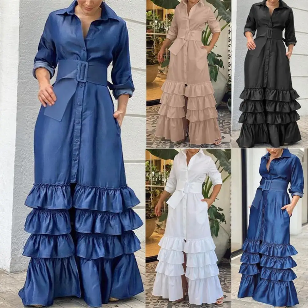 

Long Dress Lapel Long Sleeves Slant Pockets Single Breasted Autumn Dress Ruffle Layered Hem Solid Belt Shirt Dress Streetwear
