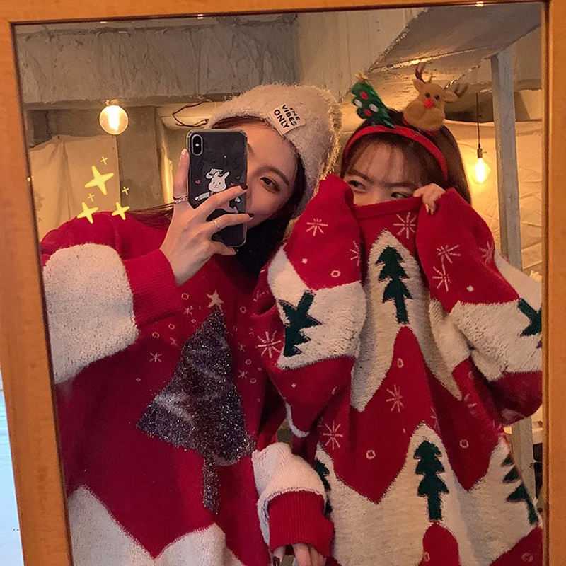 

Chinese New Year Celebration Joyous Women 'S Red Fashion New Year Clothes Christmas Sweater Loose Outer Wear Female Friends