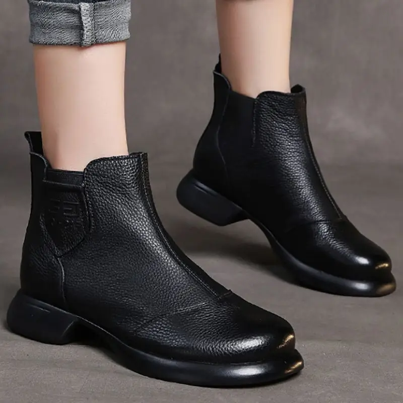 Pu Leather Women's Chelsea Chimney Ankle Boots Mid-top Leather Boots Spring Autumn Fashion British Style Nude Boots