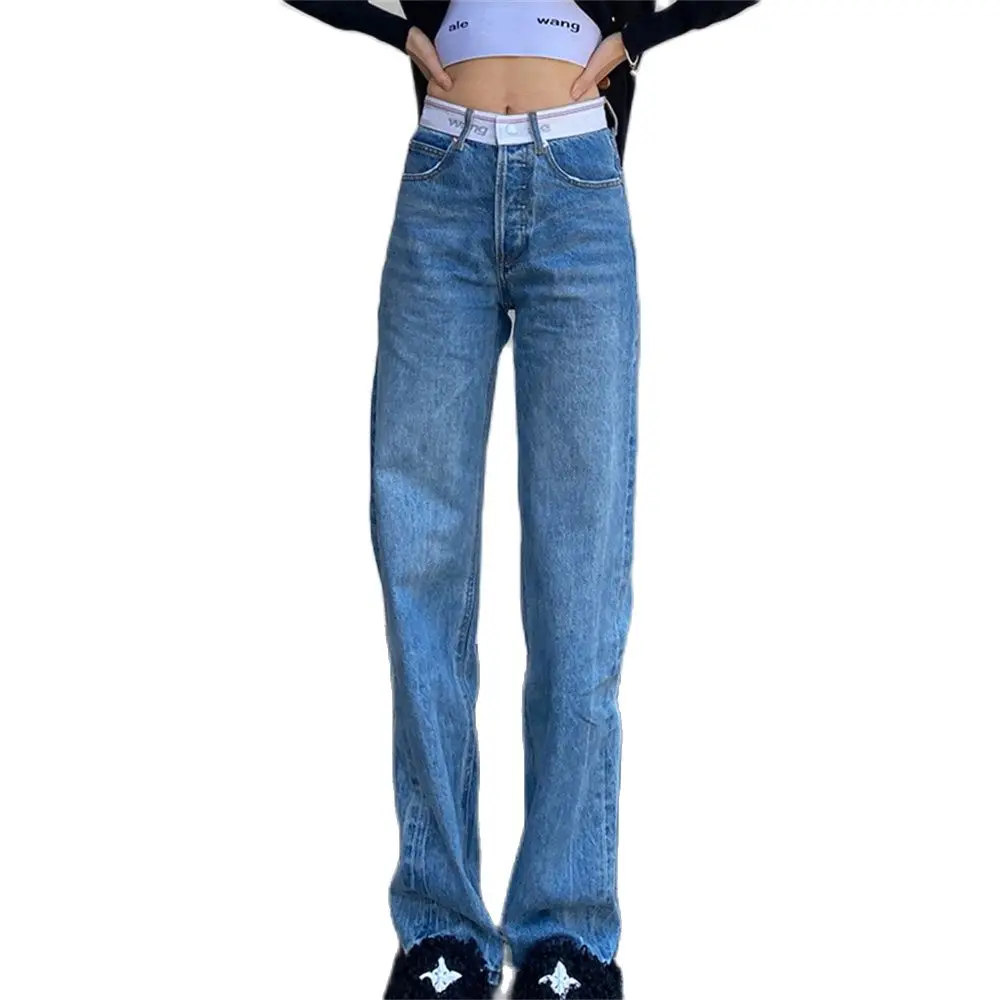 

Top Quality Fashion Korean Version Blue Jeans Women/Girl High Waist Letter Webbing Splicing Straight Type Cowboy Pants