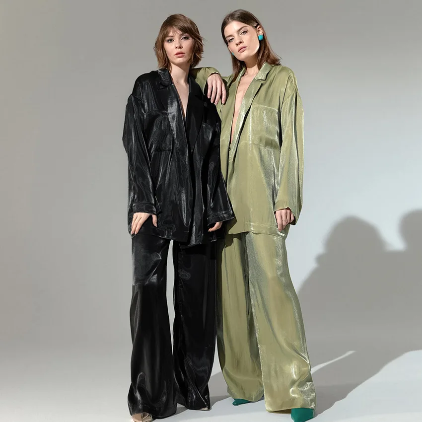 

Elegant Blue Satin Pants Suit 2022 Spring Loose Turn Shirt Long Pants 2 Piece Set Casual Trousers Set Fashion Robe Sets Pocket