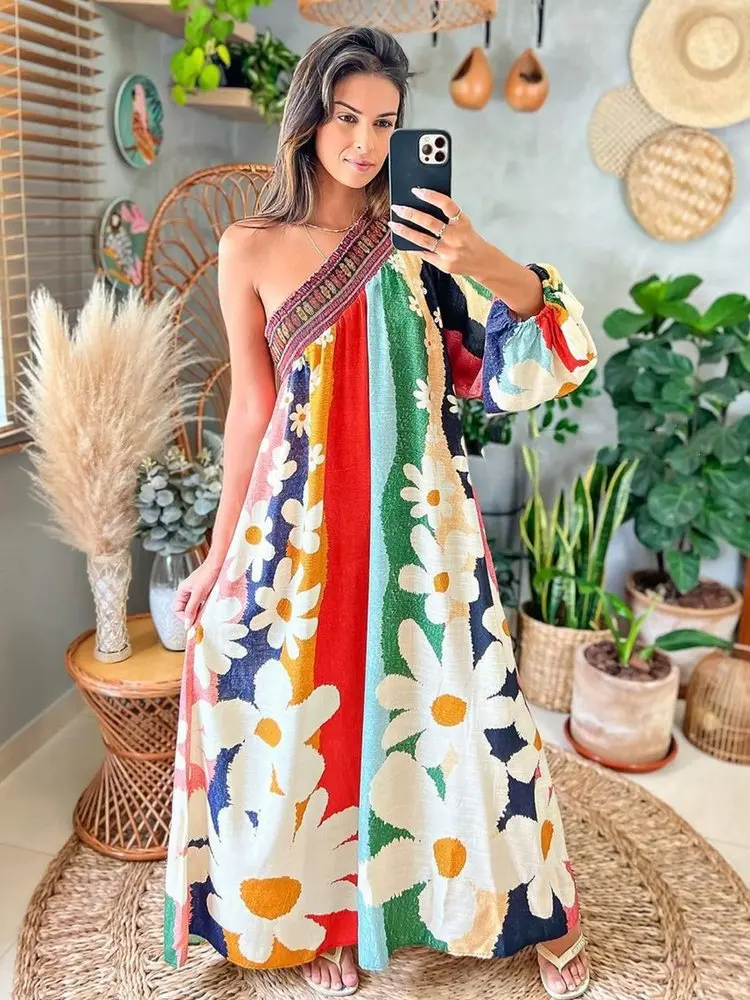 

Женское вечернее платье с длинным рукавом, повседневный длинный сарафан на одно плечо в богемном стиле, лето 2022