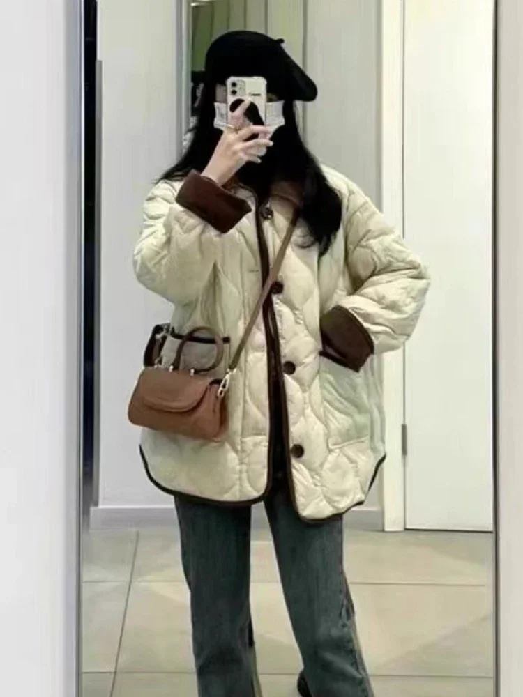 2024 зимняя модная новая женская теплая хлопковая одежда с откидным воротником и