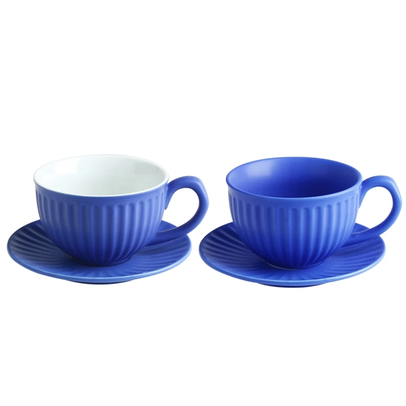 2022 New European Retro Ceramic Blue Rib Coffee Cup with Saucer Set Personality Milk Breakfast Mug Mattee Teacup Snack Plate