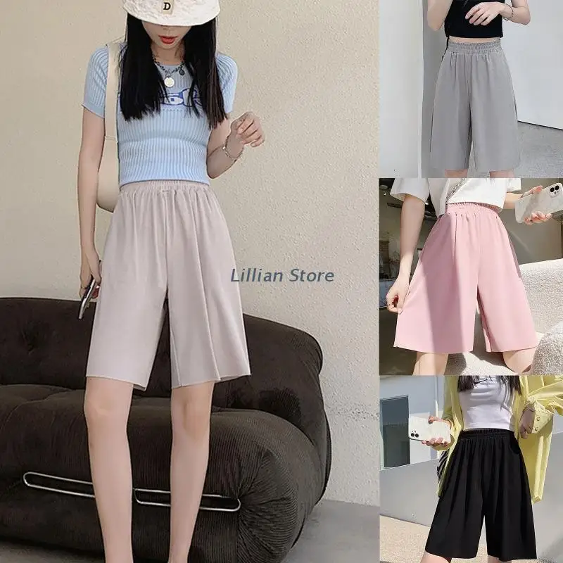 

Women Summer Silky Thin Wide Leg Shorts with Pockets Elastic High Waist Solid Color A-Line Flowy Hem Knee Length Lounge Pants