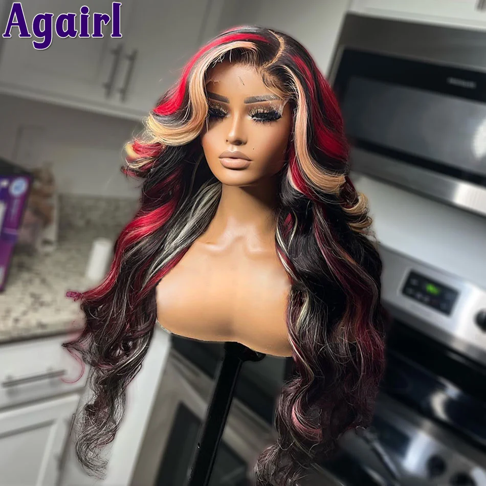Highlight Red With Blonde Indian Virgin Body Wave Lace Frontal Wigs Human Hair For Women