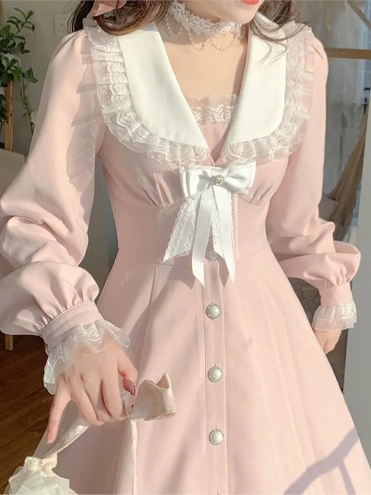 

Женское кружевное платье миди, элегантное весеннее розовое платье миди с круглым вырезом и французским корейским рукавом, 2023