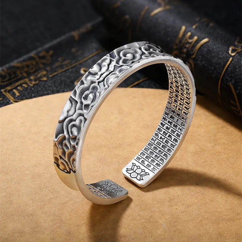 

Fashion bracelet creative personality heart sutra xiangyun ancient method trend Thai Silver opening Bangles Vintage Jewelry