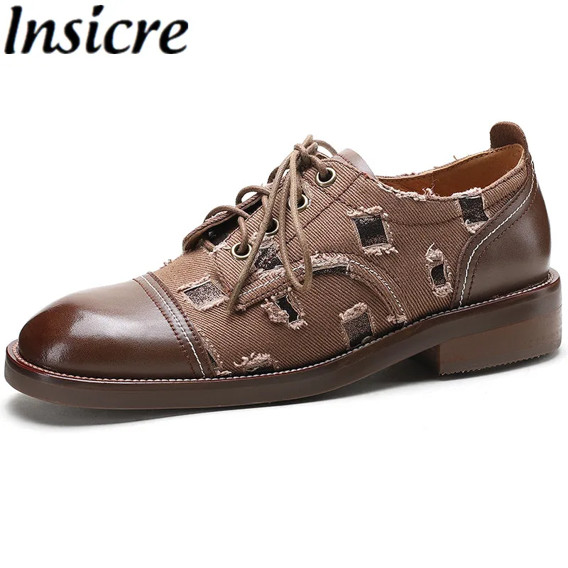 

Insicre 2023 Fashion Loafers Lace Up Round Toe Denim Thick Low Heels Women Pumps Patchwork Top Quality Casual Shoes Spring