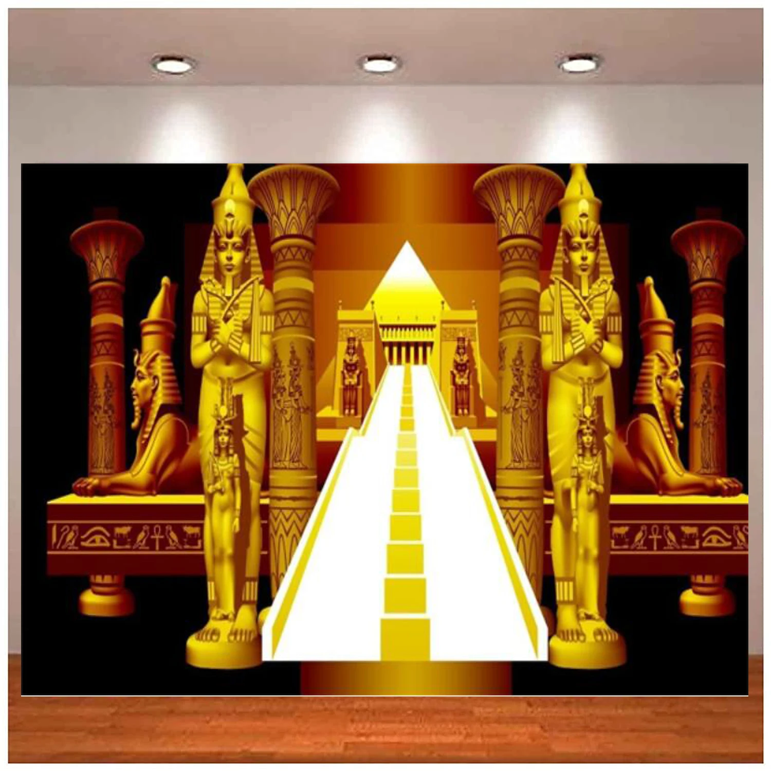 

Golden Egyptian Pharaoh Ancient Sphinx Photography Backdrop Abstract Pyramid Stairway Background Queen Kid Boy Girl Portrait
