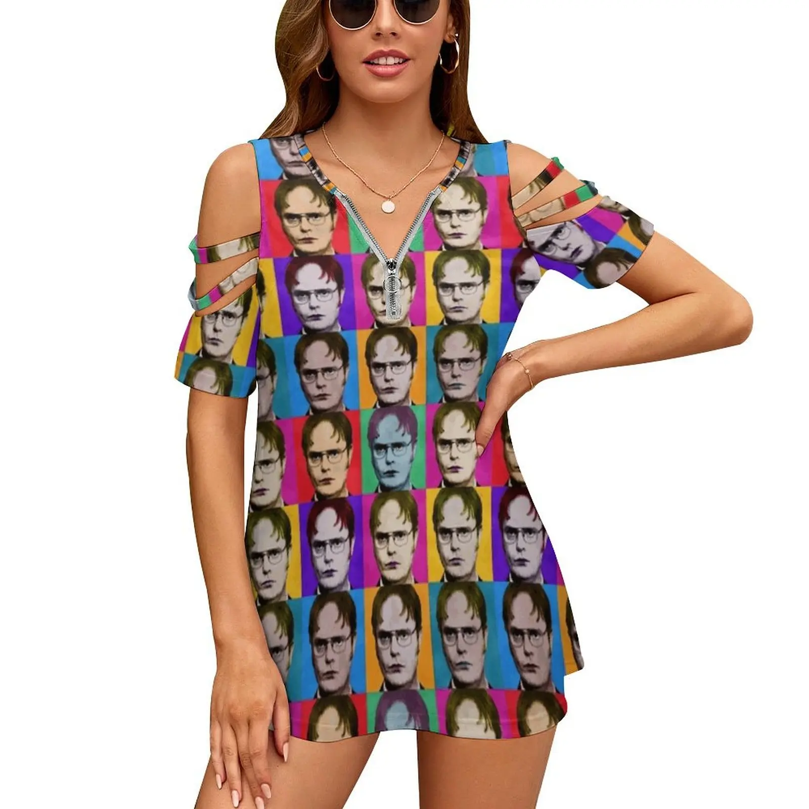 

Dwight Schrute Diptych Women'S T-Shirt Summer Fashion Print Floral V-Neck Zipper Tshirt Hollow Pullover Ladies Top Dwight
