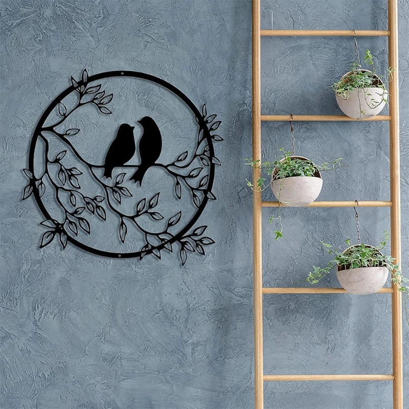 

Metal Round Wall Art Bird on Tree Branch Wall Silhouette Home Decorations Housewarming Gift Party Decor for Living Room Bedroom