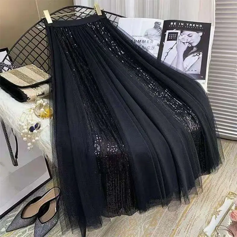 

New Trend Summer Mesh Pleated Skirt Womens 2023 A Line Elastic High Waist Sequined Patchwork Casual Elegant Lady Vestidos M88