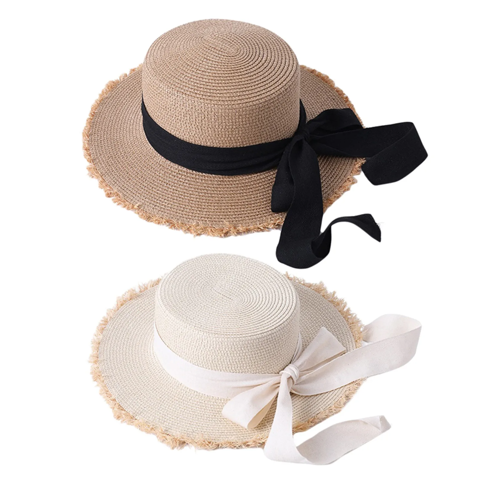 

Women Visor Straw Hat with Bow Ribbon Raw Edge Decoration Sweet Beach Style Sun Hats for Female Ladies Summer Clothes Accessory