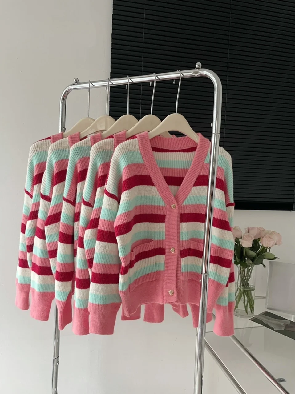 

Women's Pink V-neck Rainbow Stripe Knitted Cardigan Autumn Kawaii Loose Sweater Coat
