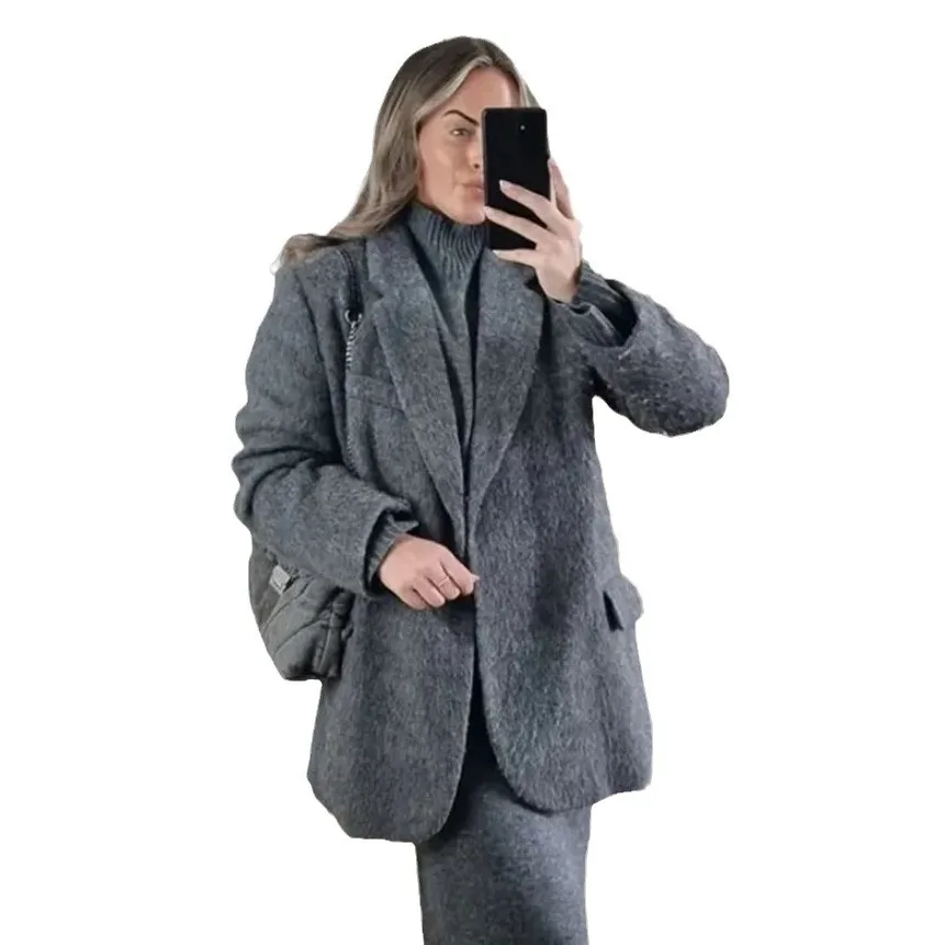 Корейский стиль 2024 осенне-зимний новый однотонный шерстяной пиджак женский