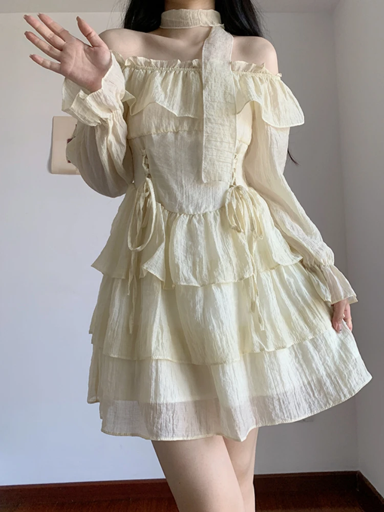 

2023 Summer Elegant Vintage Mini Dress Women Long Sleeve Outwear Party Formal Dress Office Lady Fairy Korean Dress Chic Fashion