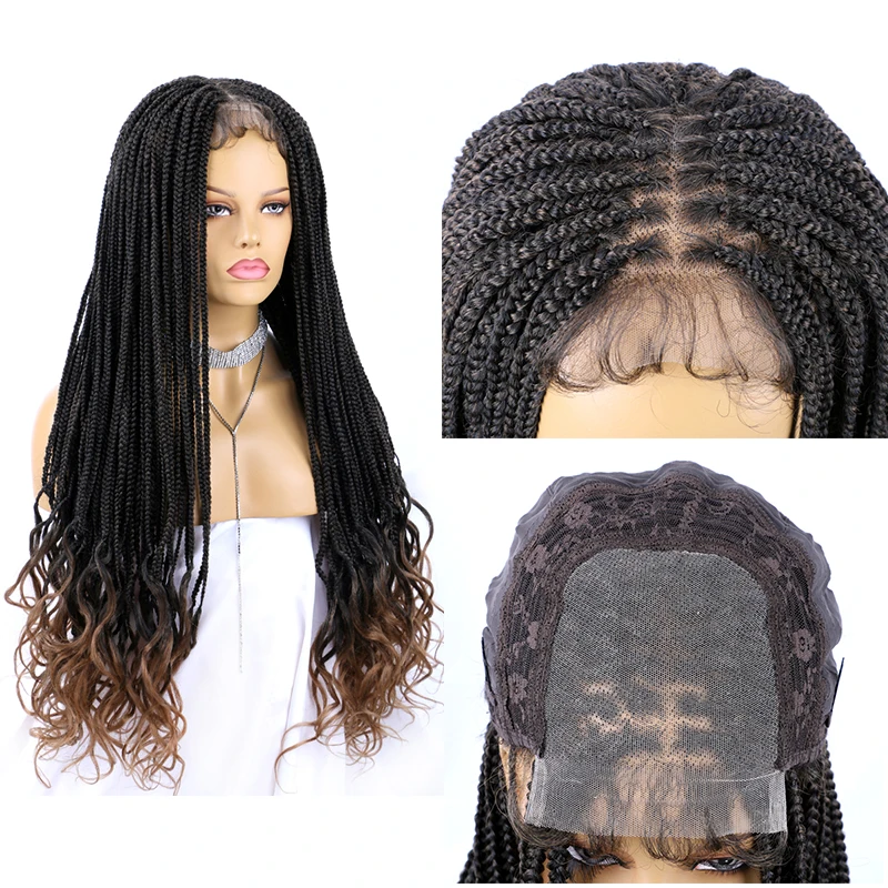 Belle Show Curly Ends Box Braided Wigs With Baby Hair Synthetic 4x4 Lace Front Braiding Hair Wig For Women