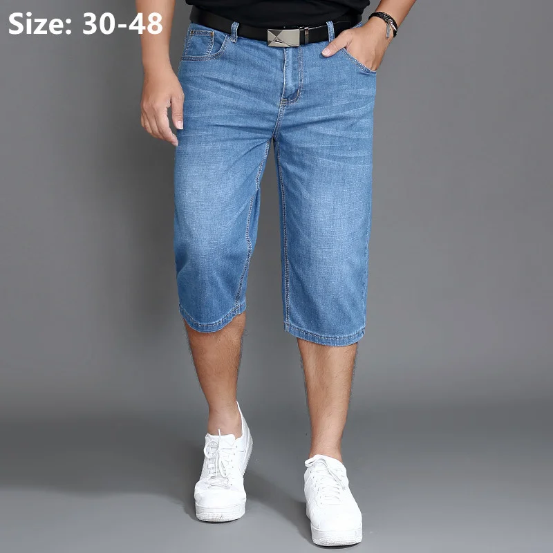 

Summer Jeans Shorts Mens Denim Elastic Stretched Thin Short Jean Oversized Plus Light Blue 42 44 46 48 Male Calf Length Trousers