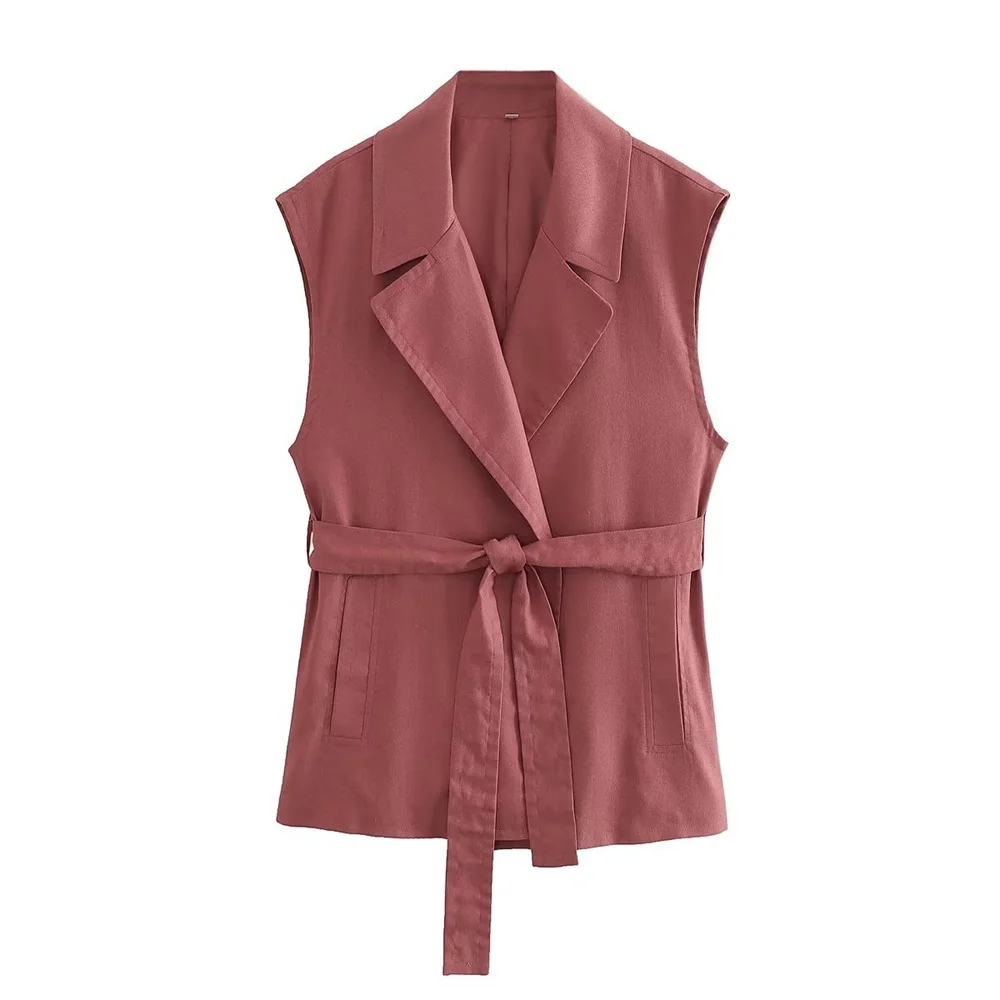 Women with Belt Sleeveless Blazer Vest and Side Pockets Shorts Elegant Office Lady Loose Lapel Collar Vest Tops Shorts Suit