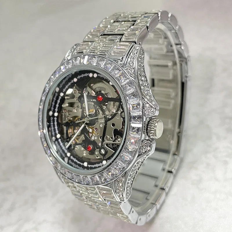 Fashion Brands MISSFOX Hollow Out Mechanical Men Watch Luxury Full Steel Waterproof Automatic Wristwatch Diamond Jewelry Clocks