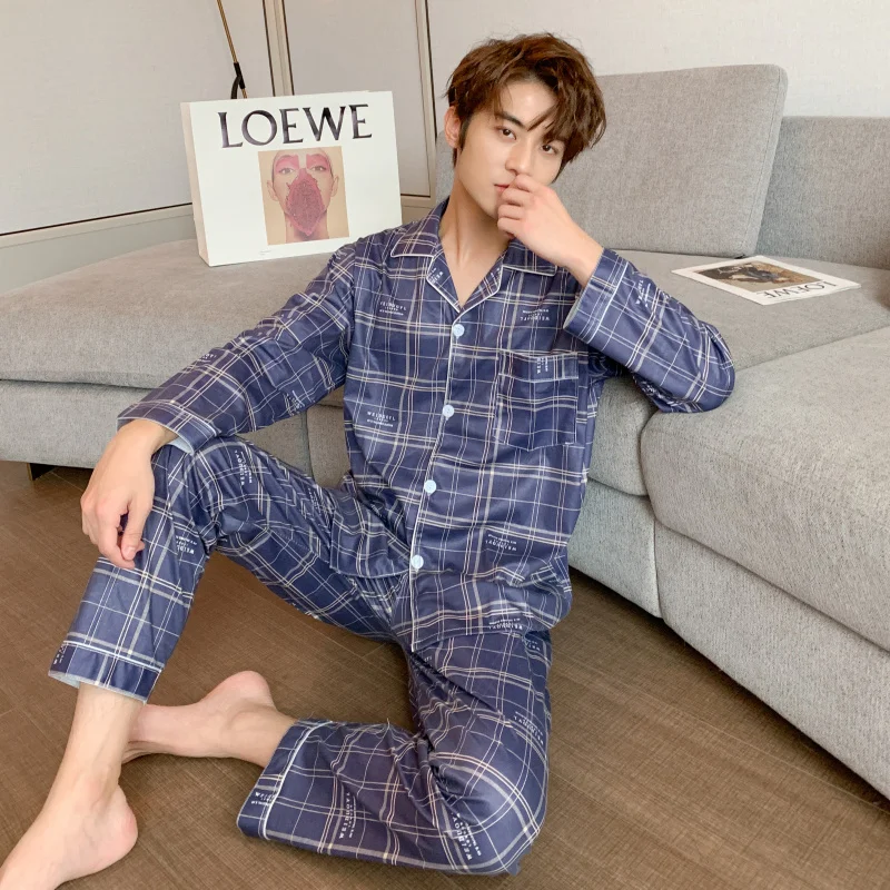 CAIYIER Autumn Winter Pajamas Set For Men Grid Print Long Sleeve Cardigan Casual Sleepwear Male Simple Leisure Homewear XL-3XL