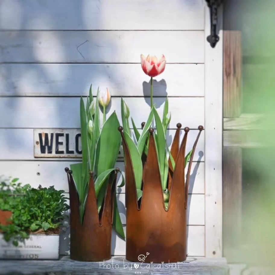 

Vintage Iron Art Crown Garden Pot Planters Set of 2 Rustic Finish Floral Vase for Home Decor and Flower Arrangements