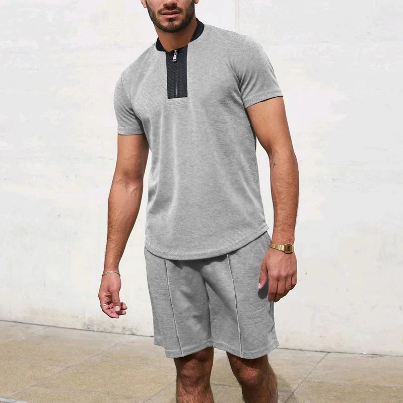 

Костюм спортивный мужской из двух предметов, винтажный топ на молнии с коротким рукавом и круглым вырезом и шорты, повседневный однотонный костюм свободного покроя, на лето