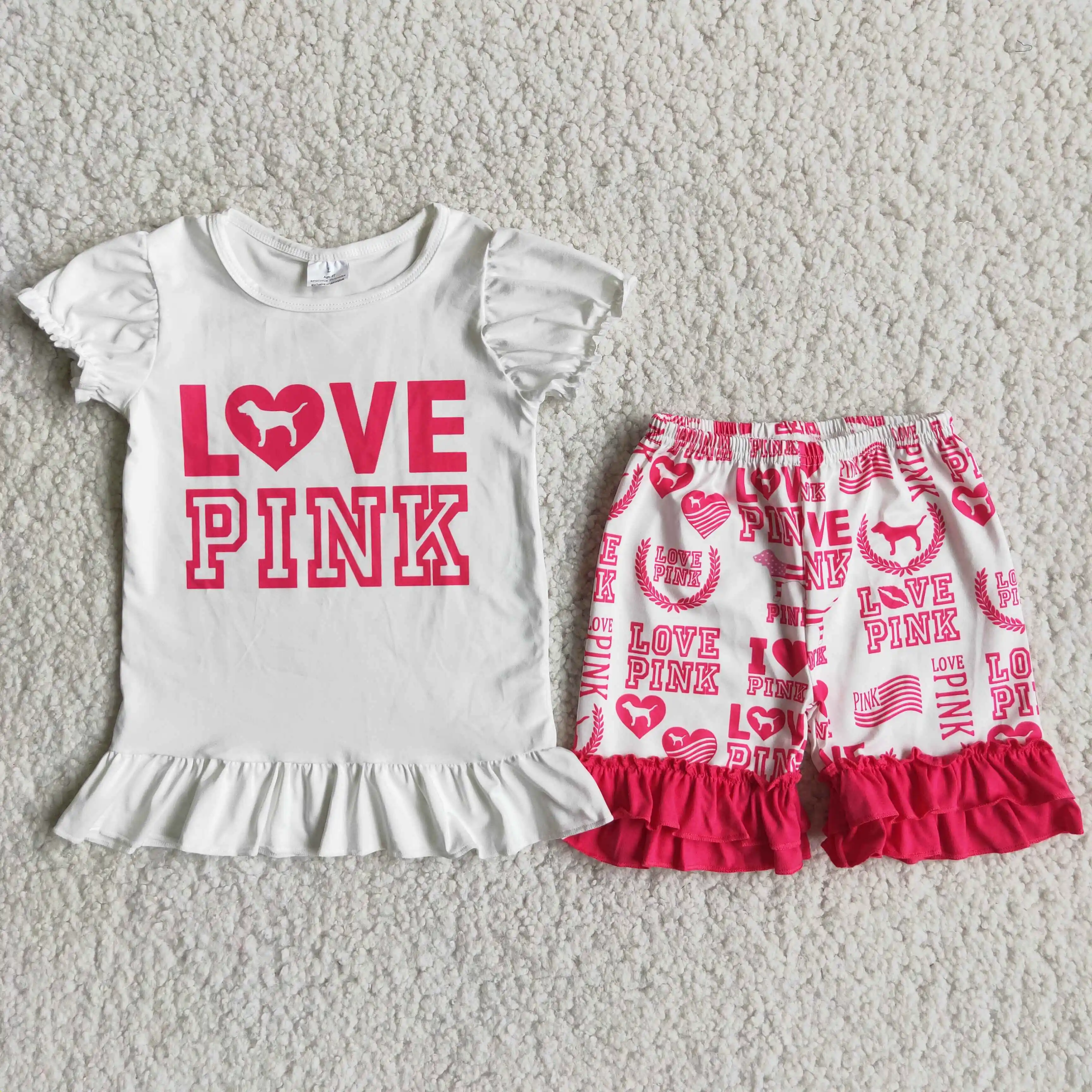 

Hot Selling RTS Valentine's Day Summer Toddler Clothes Outfits Kids Girls Boutique Apparels Baby Love Pink Sets
